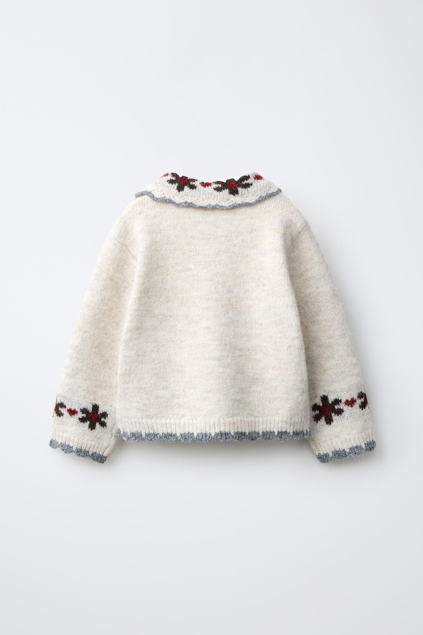Детский свитер Zara Embroidered Peter Pan Collar Jumper, цвет: Экрю / Меланжевый — фото 3