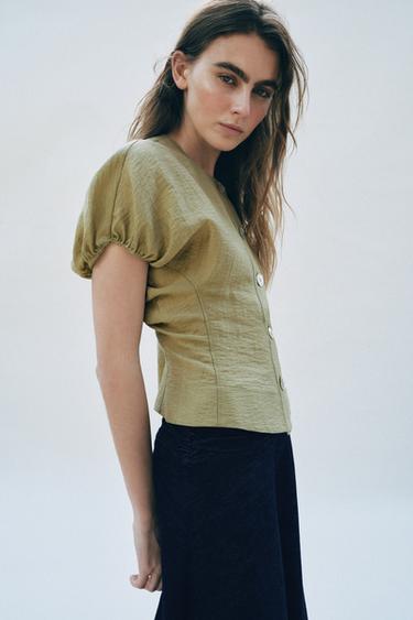 PUFF SLEEVE LINEN BLEND TOP - washed green by Zara - Image 3