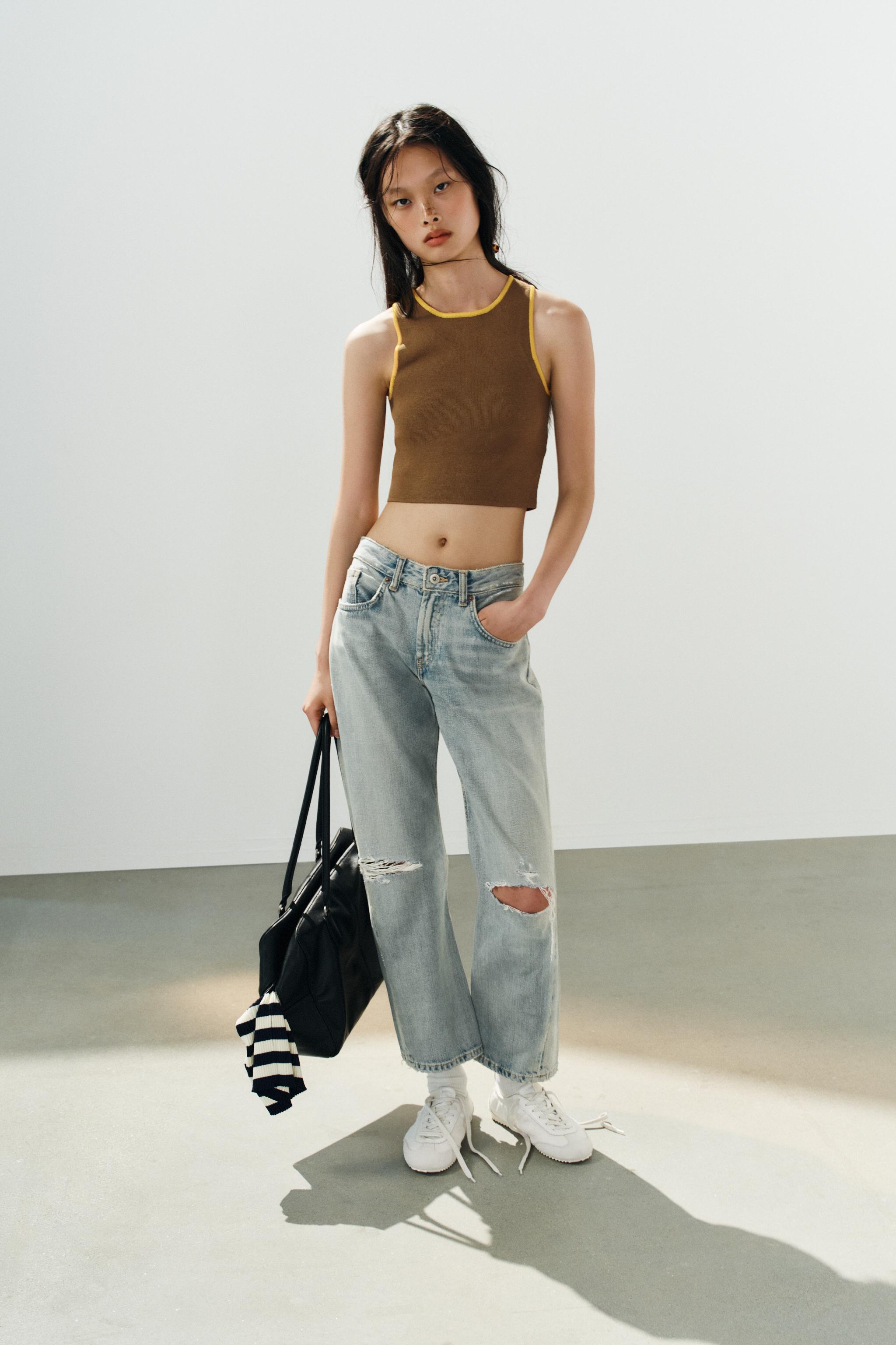 CONTRAST TRIM KNIT CROP TOP — Light beige