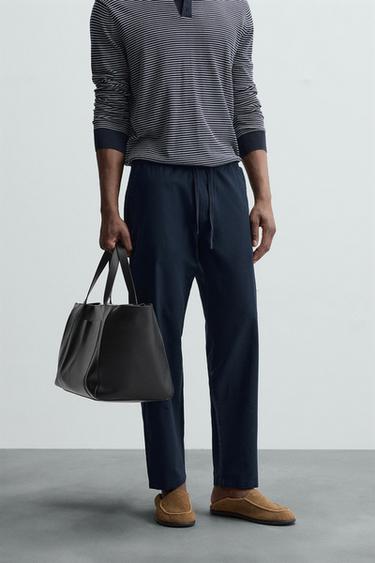Zara COTTON LINEN RELAXED FIT PANTS - Blue