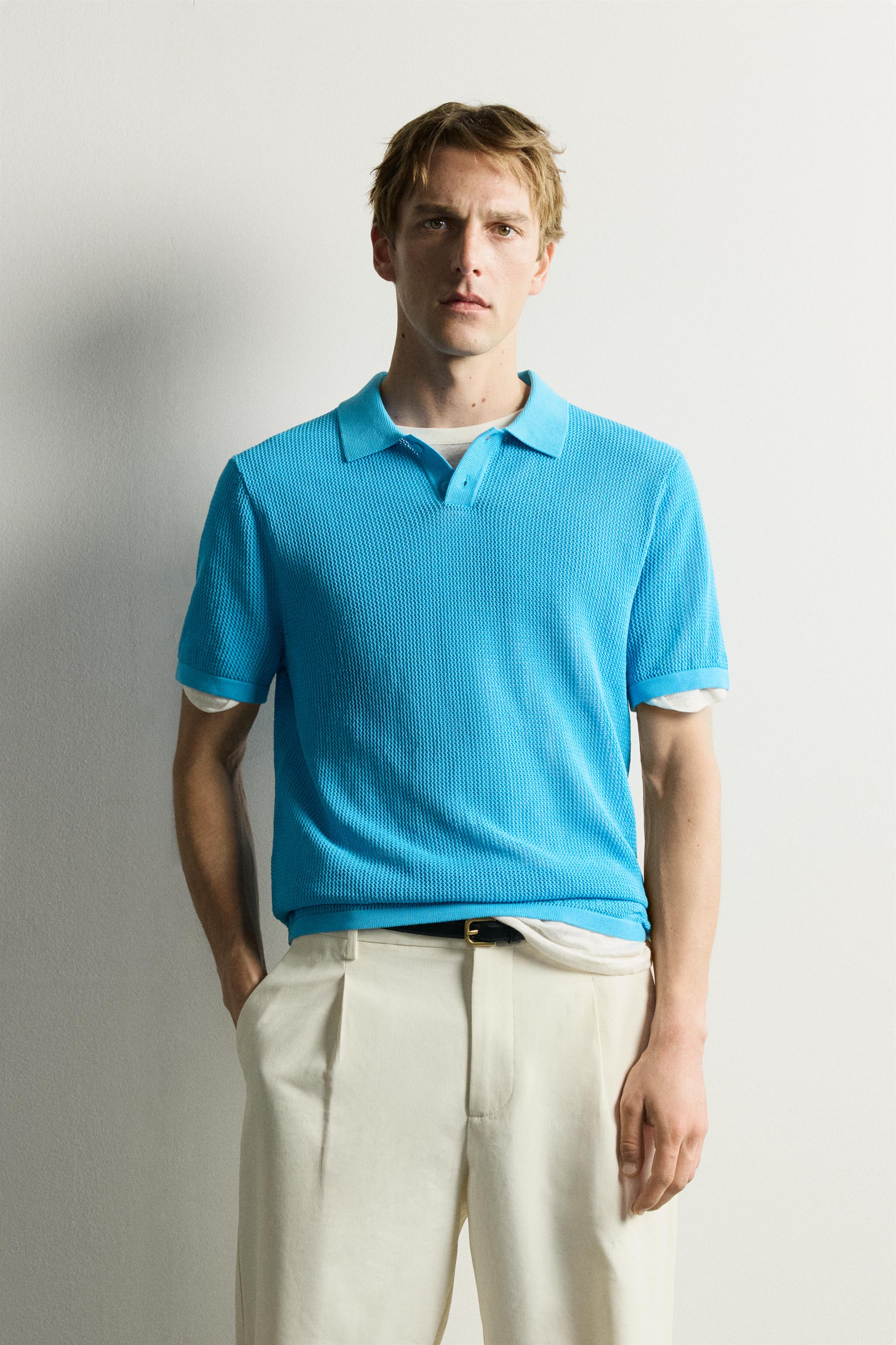 OPEN-KNIT TEXTURED POLO — Light blue