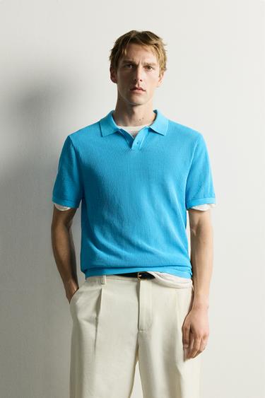 OPEN-KNIT TEXTURED POLO SHIRT - Light blue by Zara