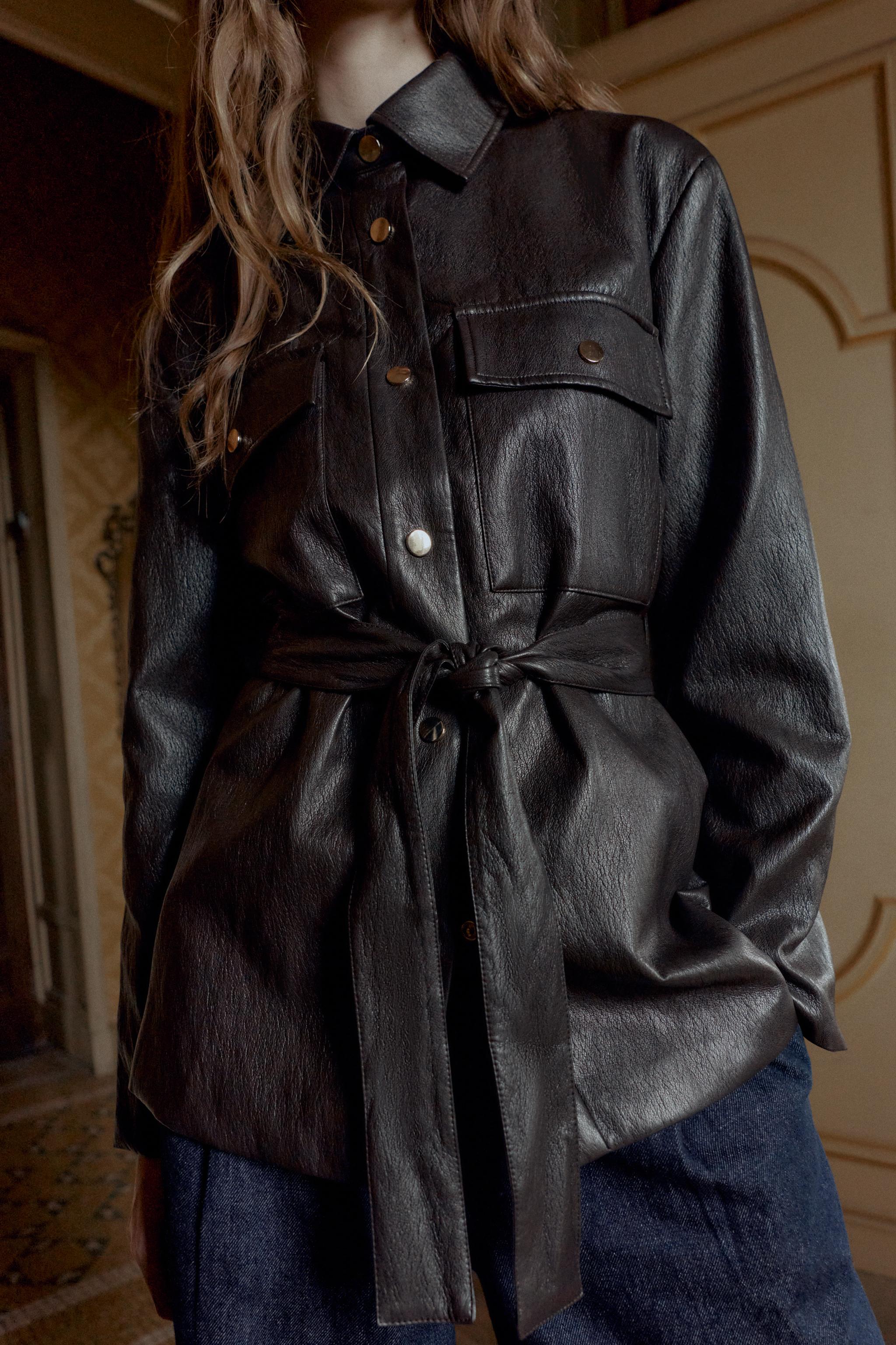 FAUX LEATHER LONG BELTED JACKET