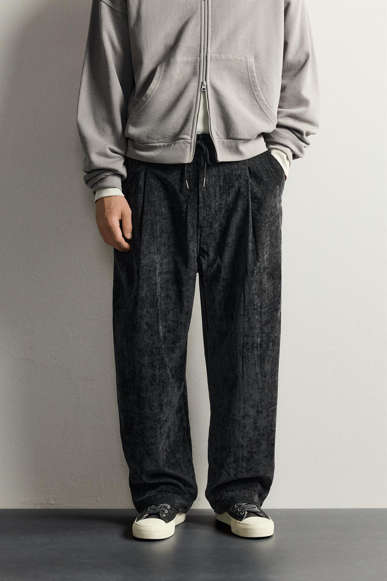 SOFT IRREGULAR WASH-EFFECT PANTS — Black / Ecru