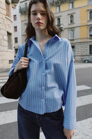 ÁO SƠ MI VẢI POPLIN CÀI KHUY - Màu nâu nhạt/Đỏ từ Zara