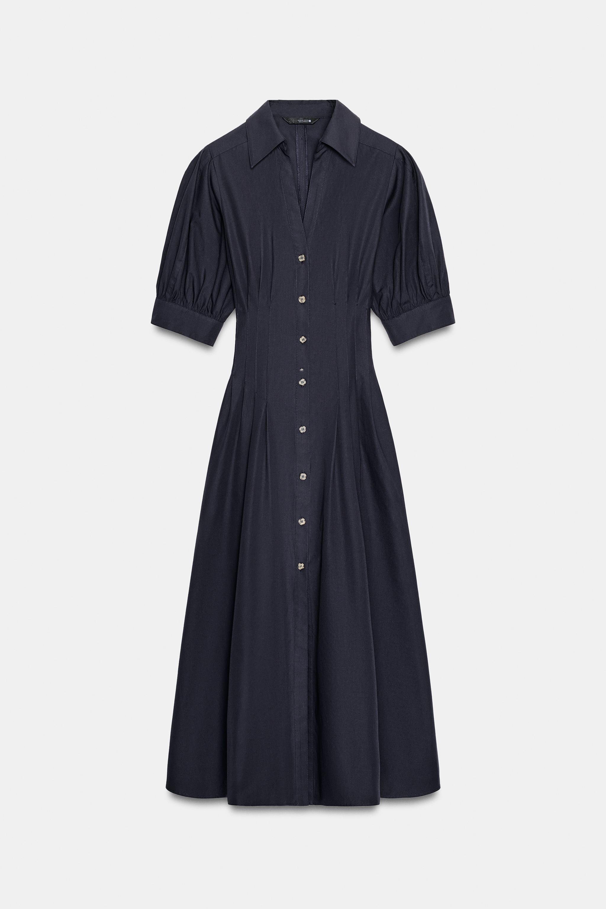 PUFF SLEEVE POPLIN MIDI DRESS - Navy blue | ZARA United States PUFF SLEEVE POPLIN MIDI DRESS - Navy blue | ZARA United States