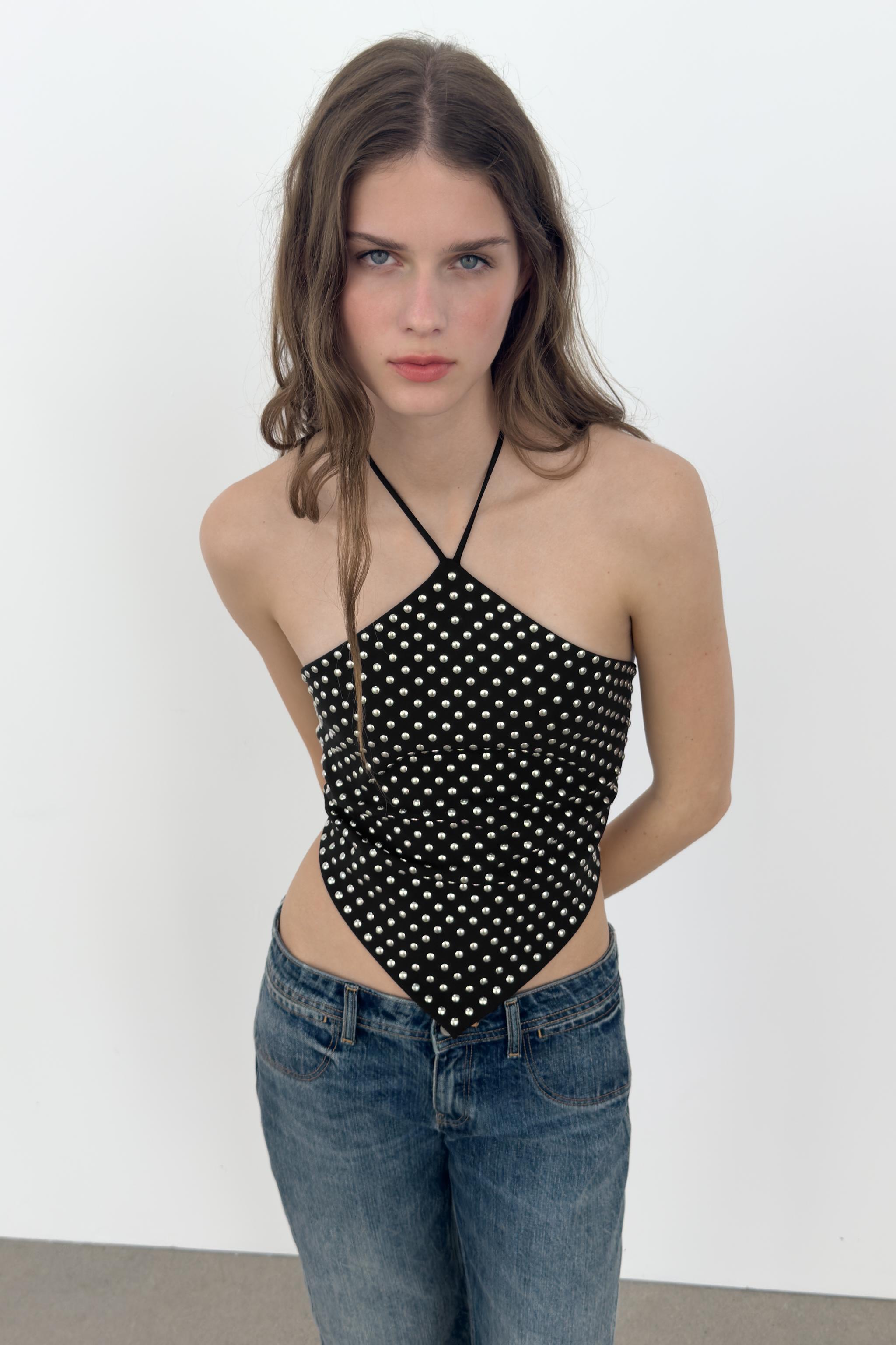 スタッズ ホルターネックトップス - ブラック | ZARA Japan / 日本