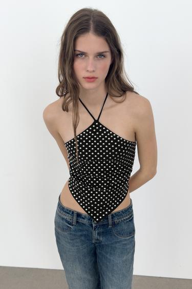 TOP HALTER CLOUTÉ - Noir de Zara