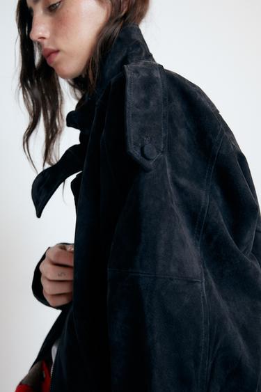 CAZADORA PIEL BIKER - Azul de Zara