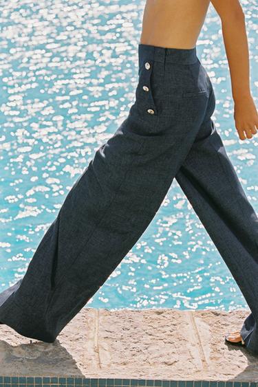 WIDE-LEG TROUSERS WITH BUTTONS AND LINEN - Light indigo by Zara - Image 2