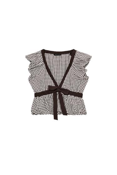 GINGHAM PUFF SLEEVE TOP WITH BOW - Brown / Ecru by Zara