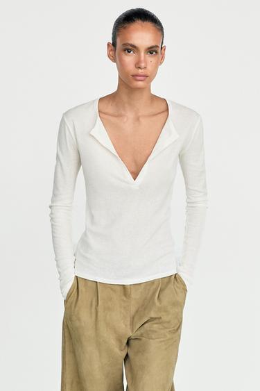 100% cotton V-neck T-shirt — Ecru 2