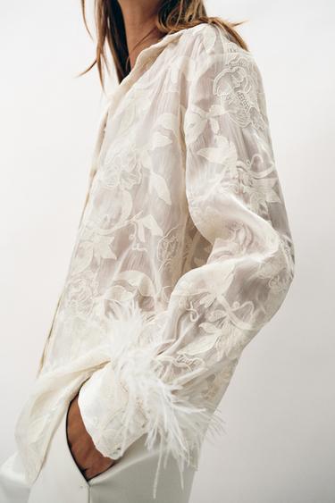 CHEMISE BRODÉE PLUMES - Écru de Zara - Image 3