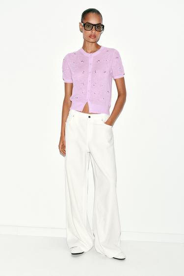 SEQUIN SHORT SLEEVE CARDIGAN - Pink / Lilac by Zara