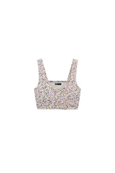 PRINTED LINEN BLEND CROP TOP