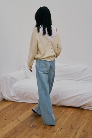 Zara FLOWY DRAWSTRING DENIM PANTS - Light blue
