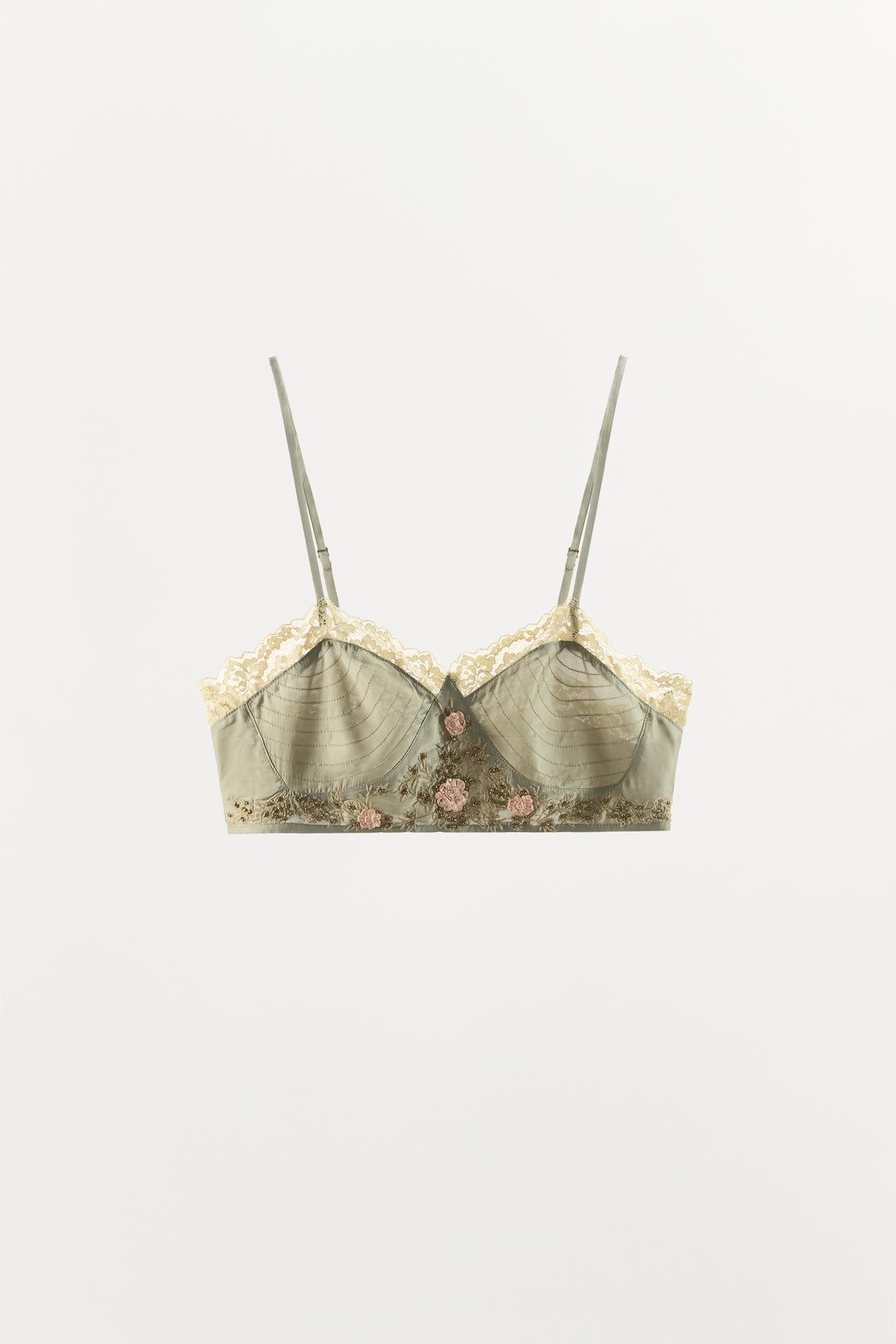 RAISED FLORAL EMBROIDERED BRA — Green