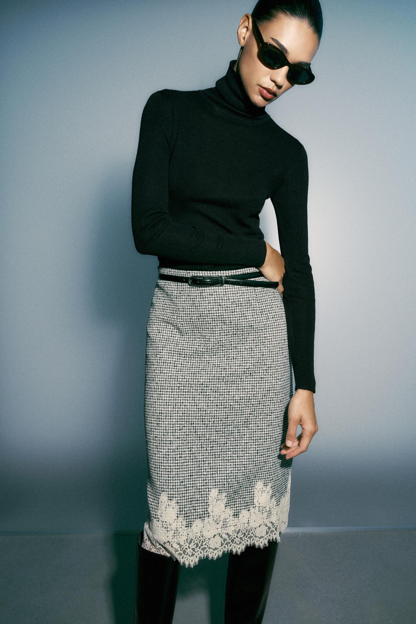 Женская юбка Zara Combined Lace MIDI, цвет: Чёрный / Белый — фото 3