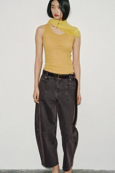 Zara Z1975 MID-RISE BARREL CARGO JEANS - Brown