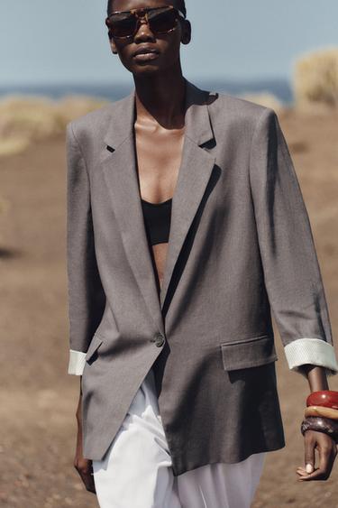 BLAZER CON LINO PUÑO ESTAMPADO - Gris antracita de Zara