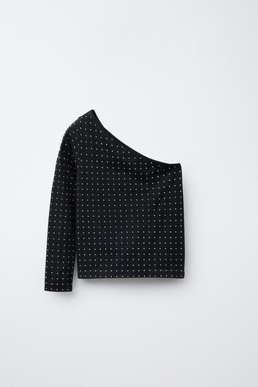 ASYMMETRIC SEAMLESS RHINESTONE T-SHIRT - Black by Zara - Image 0
