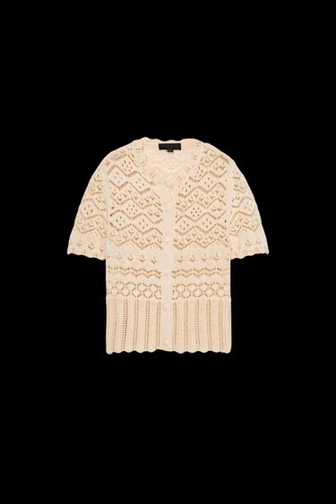 Zara POINTELLE KNIT CARDIGAN - Mid-ecru