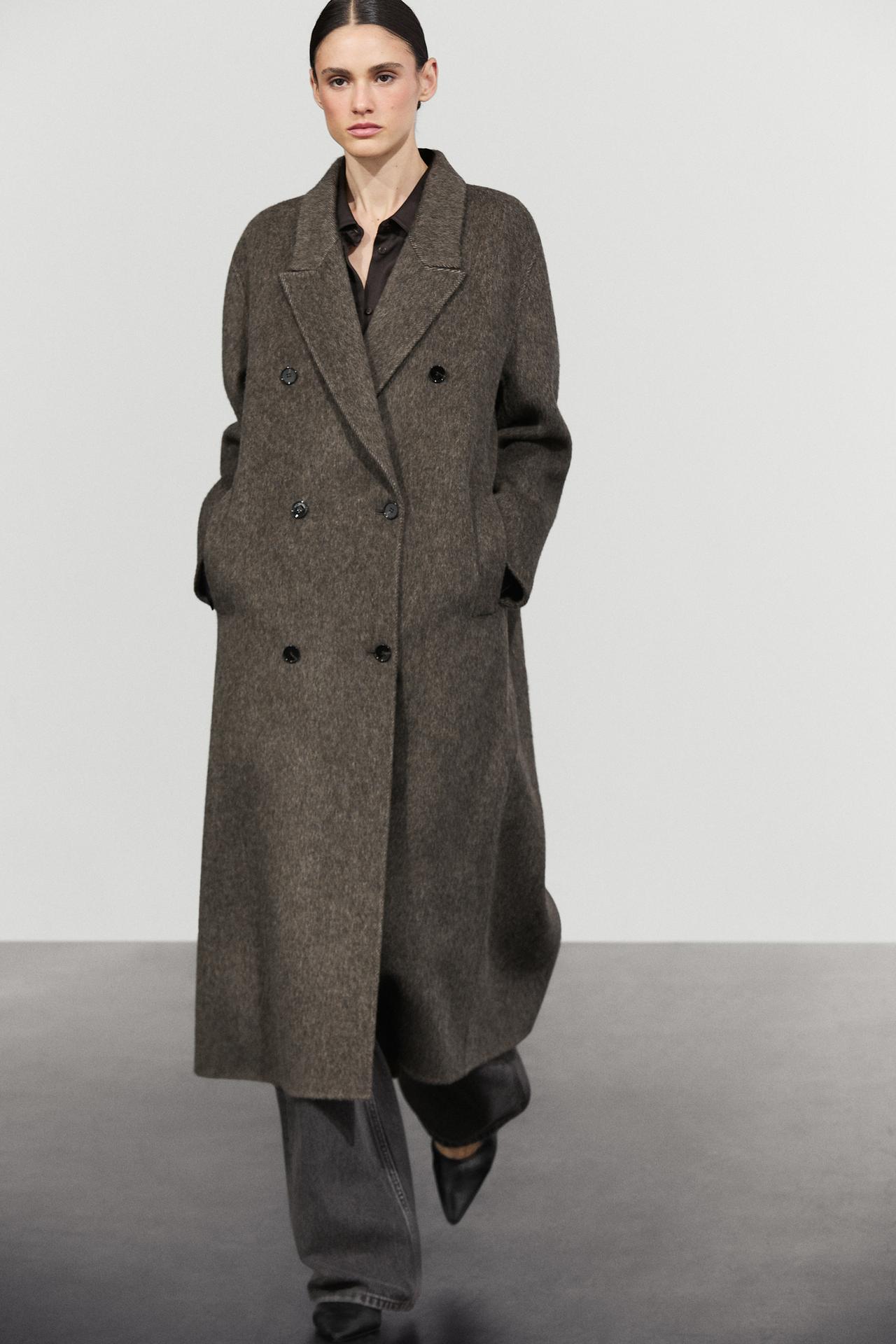 Long double-breasted wool blend coat — Dark khaki