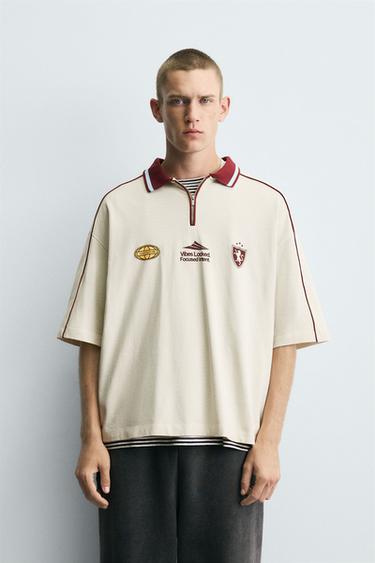 Zara RETRO SOCCER PRINT POLO SHIRT - Sand