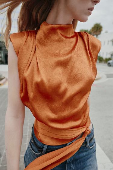 Zara 緞面綁結上衣 - 暗橙色