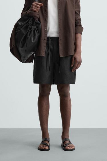 Zara 100% LINEN RELAXED FIT SHORTS - Black