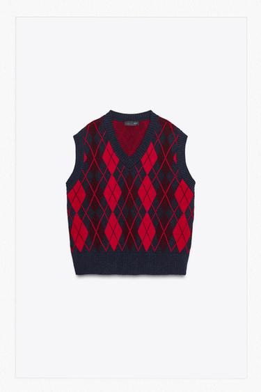 Zara PREDIMENZIONIRANI PLETENI PRSLUK S UZORKOM ROMBOVA – crvena / mornarsko plava