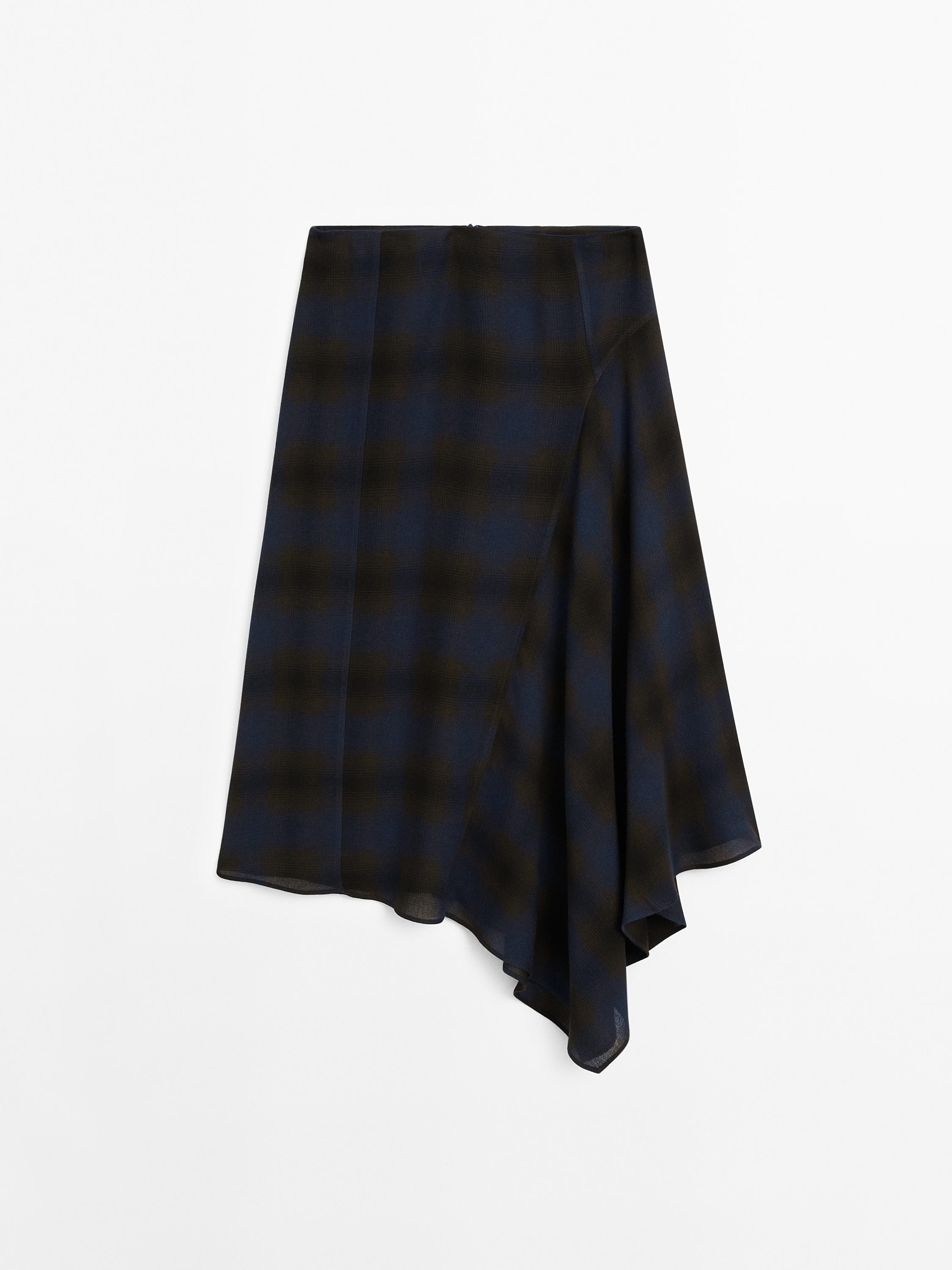 Asymmetric check midi skirt - Dark navy | ZARA United States