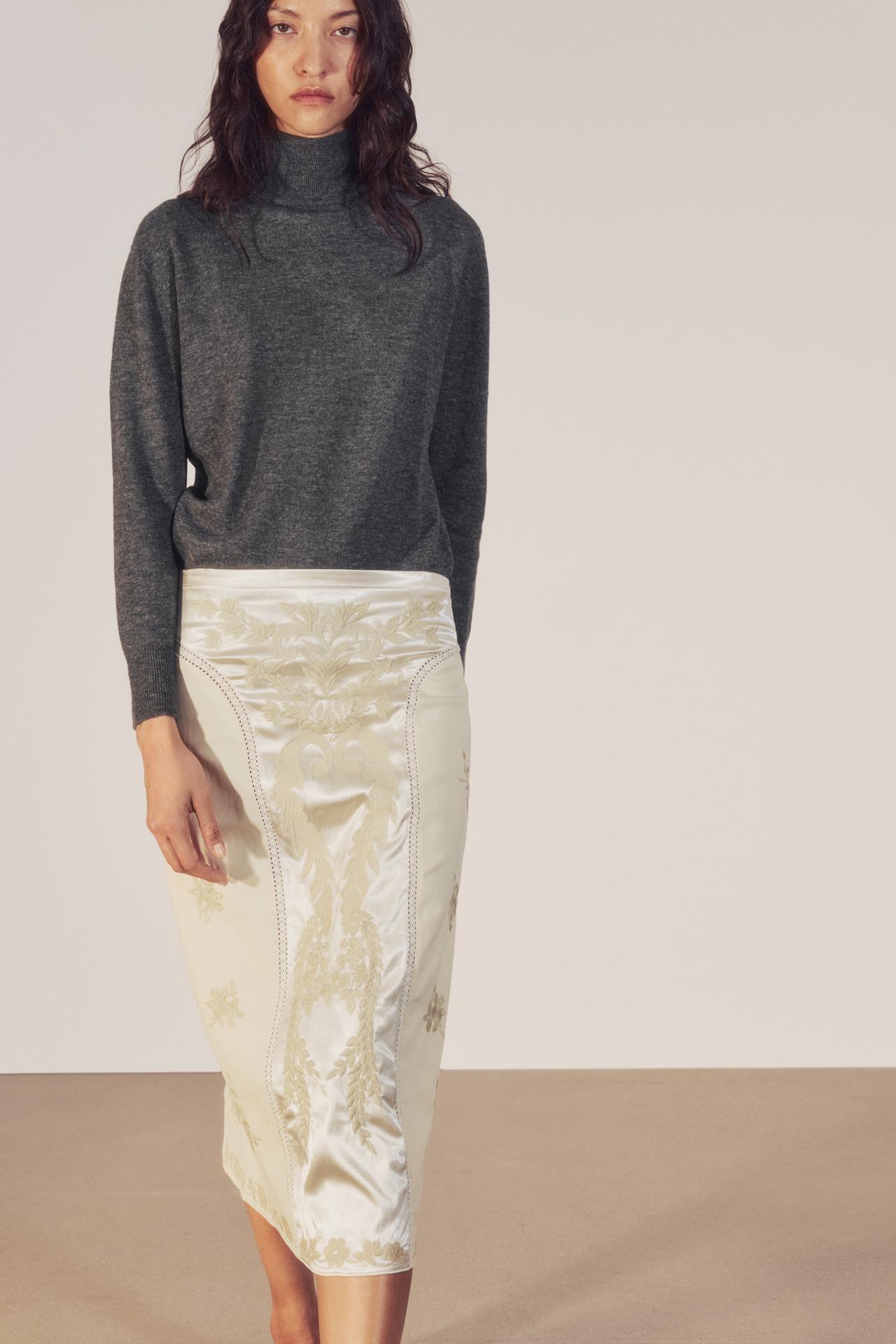 ZW COLLECTION EMBROIDERED MIDI SKIRT — Ecru
