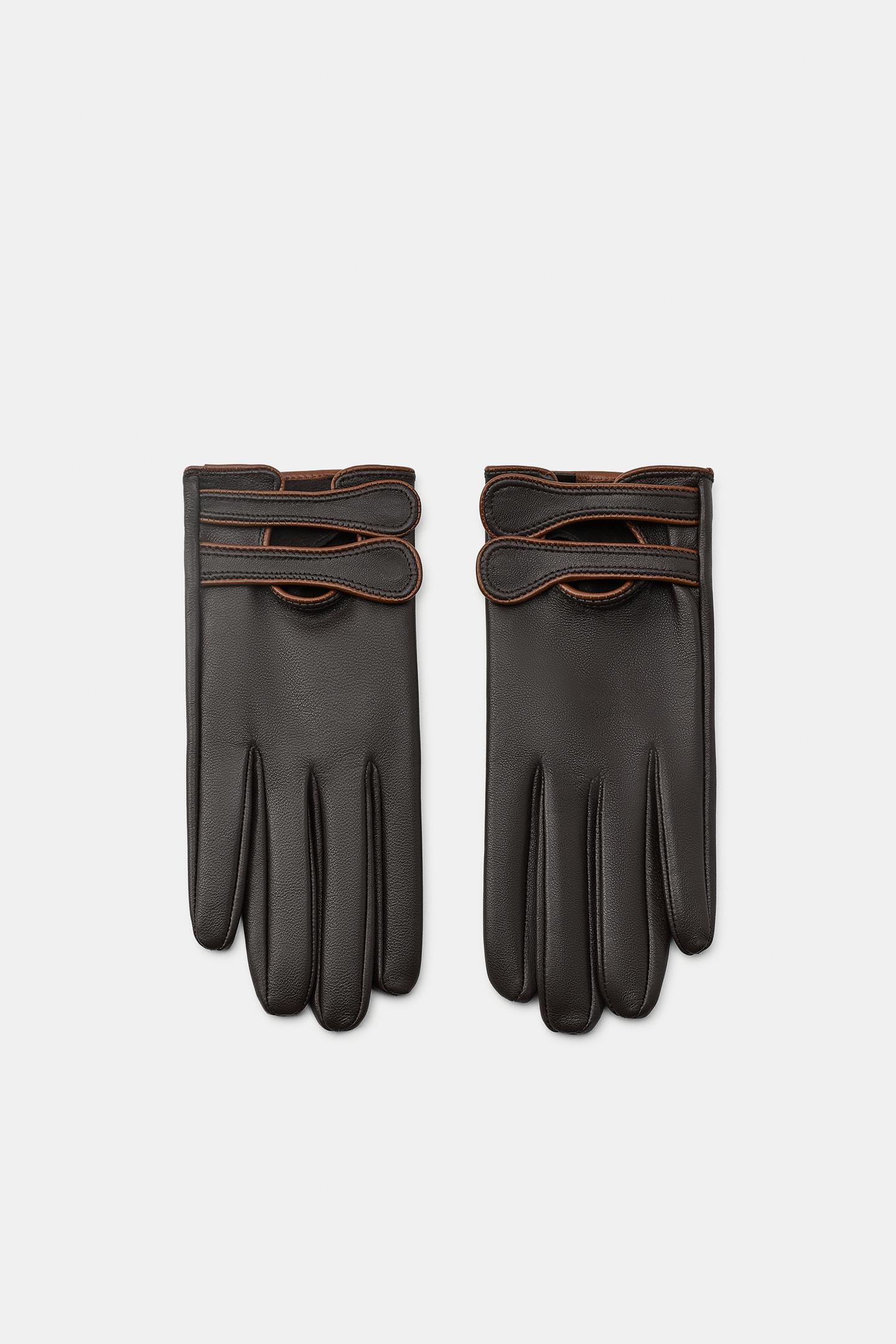Женские перчатки Zara 100% Leather Double Strap Gloves, цвет: Коричневый