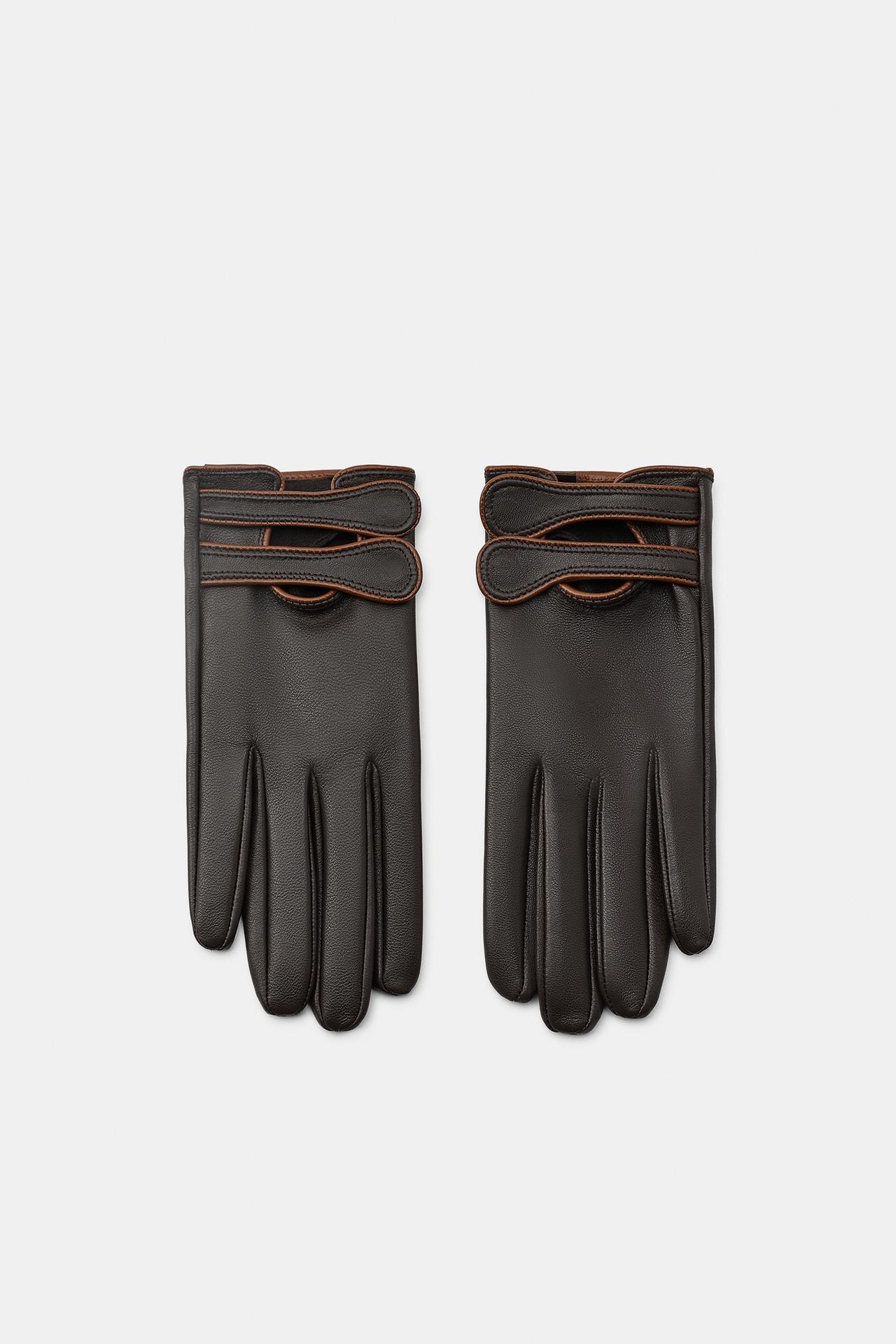 100% LEATHER DOUBLE STRAP GLOVES — Brown