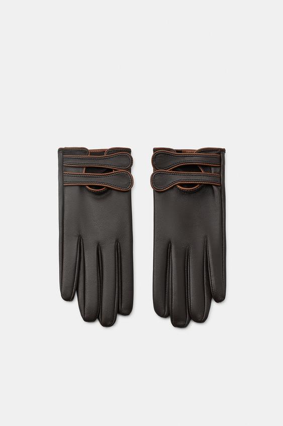 100% LEATHER DOUBLE STRAP GLOVES - Brown by Zara - Image 0