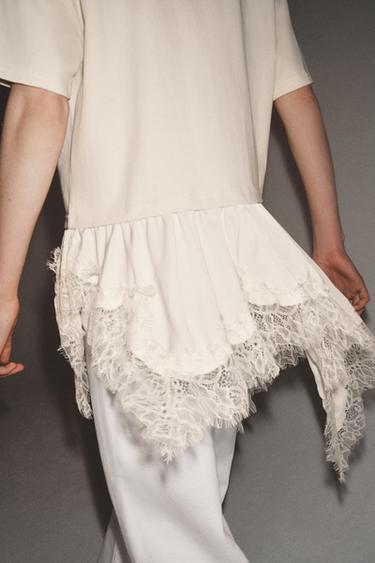 Zara COMBINATION LACE T-SHIRT - Ecru