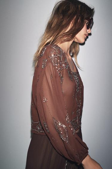 BLOUSE GEORGETTE BRODERIES FANTAISIE - Marron de Zara - Image 3