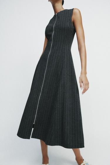 PINSTRIPED MIDI DRESS - Grey / Beige by Zara