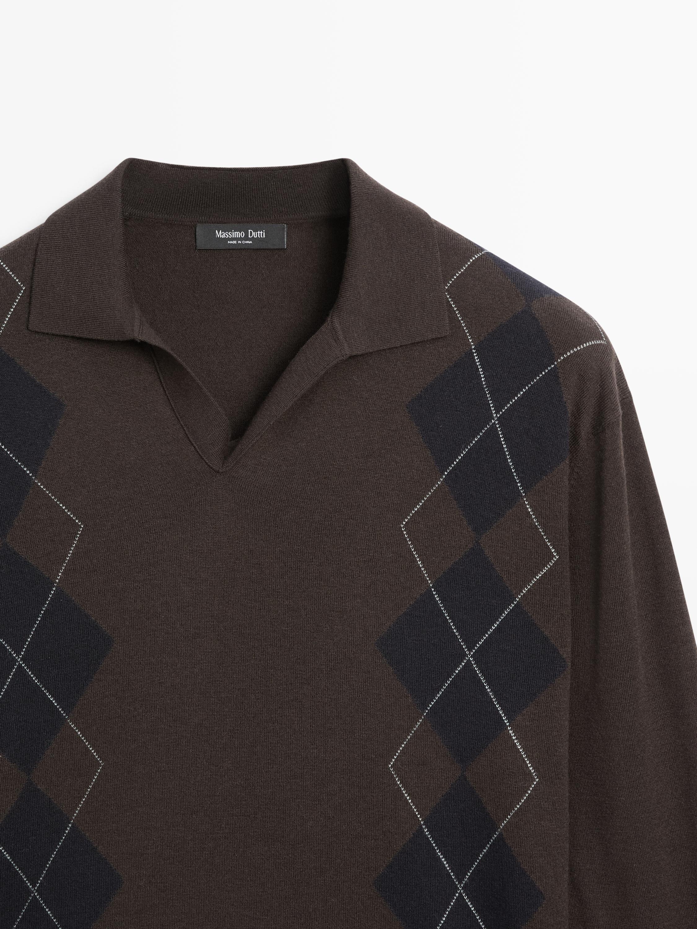 Wool blend argyle knit polo sweater