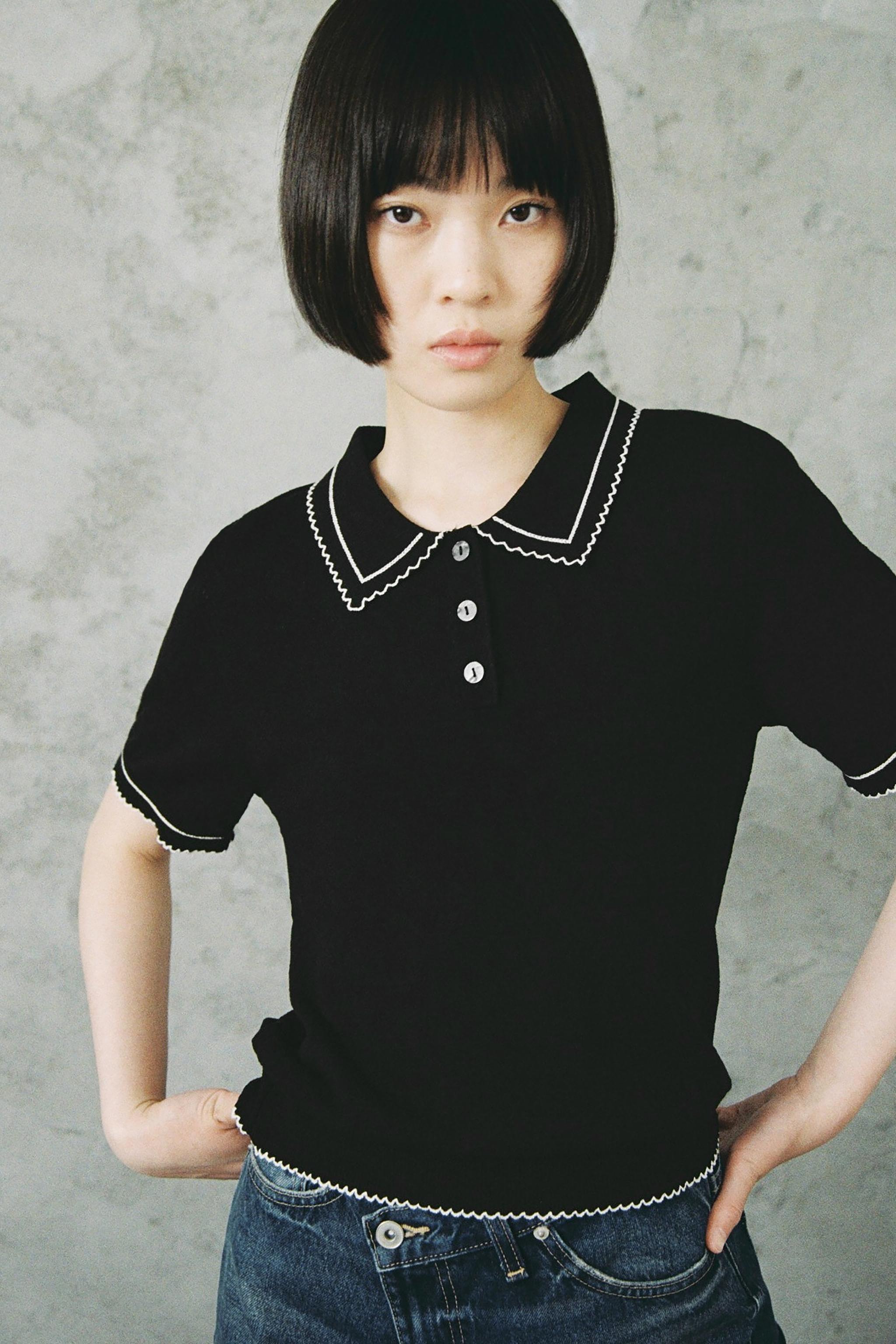 コントラストステッチニットポロトップ - ブラック | ZARA Japan