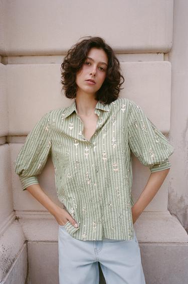 STRIPED SEQUIN SHIRT - Mid-green by Zara