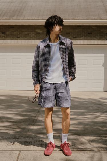 Zara 立體紋理格紋襯衫式外套 - 藍色