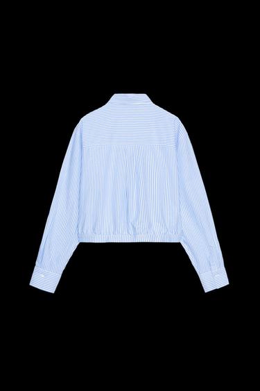 Zara CROPPED STRIPED OXFORD SHIRT WITH WAIST PLEATS - Ecru / Blue