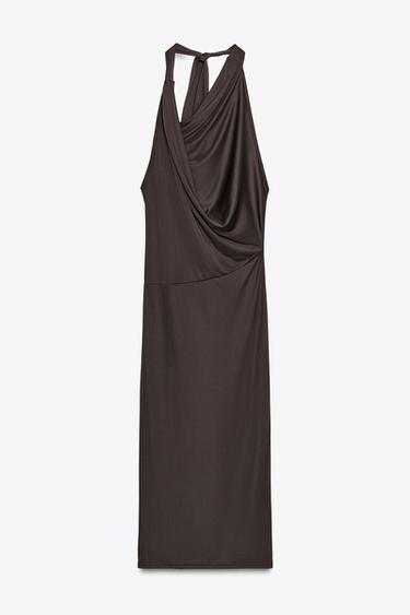VESTIDO ESCOTE FLUÍDO PLIEGUES - Marrón oscuro de Zara