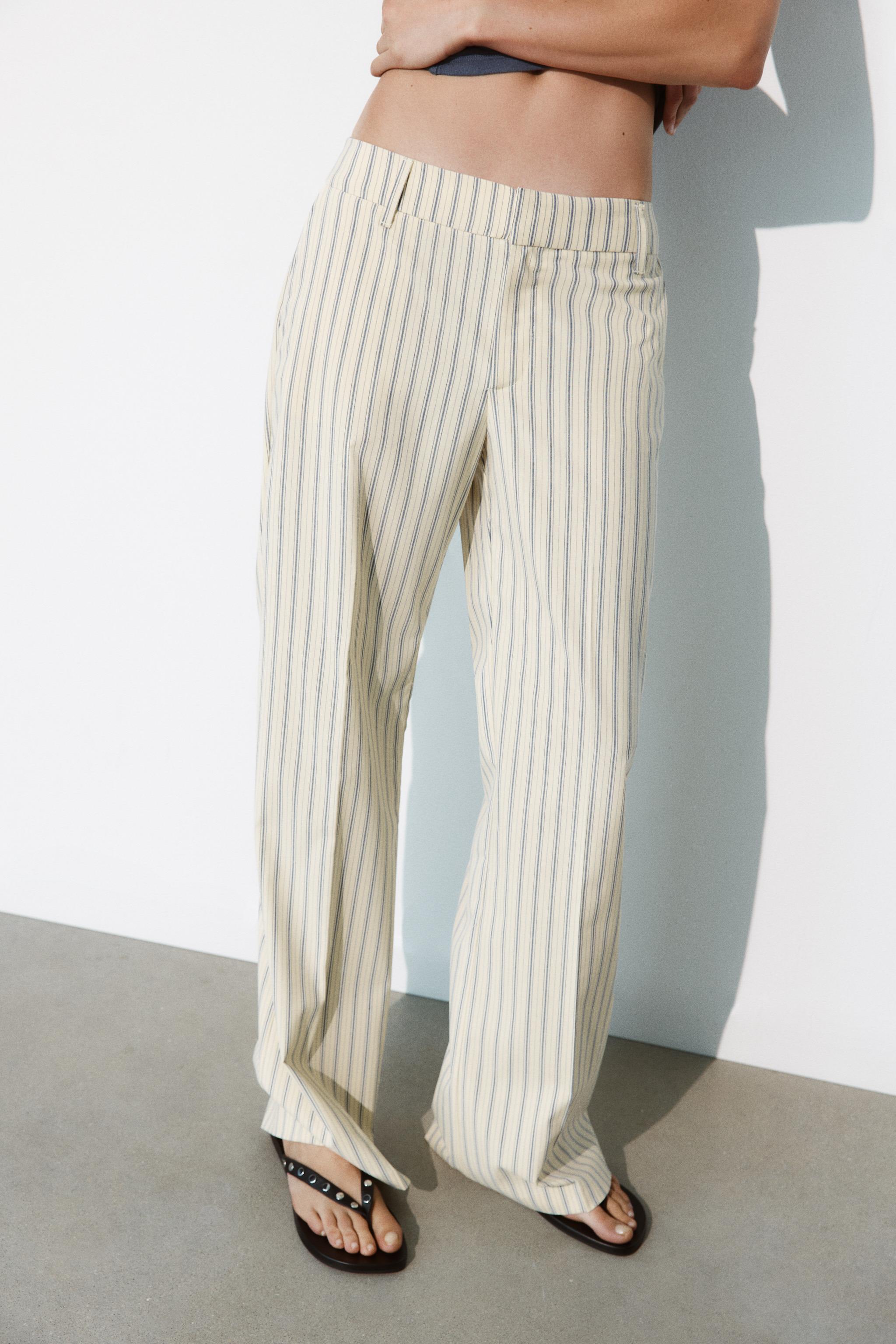 LOW-RISE STRIPED STRAIGHT-LEG TROUSERS — Light yellow