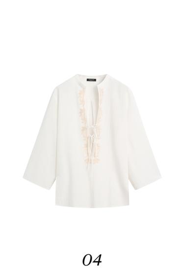 Blusón fluido cuello mao detalle bordados - Crudo de Zara