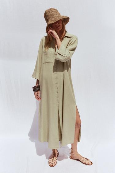 VESTIDO CAMISERO COM LINHO - Caqui-claro da Zara