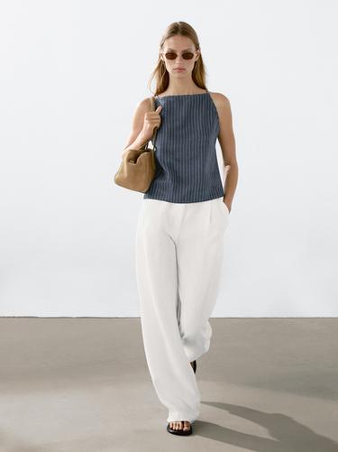 Zara Striped linen blend halter top - Blue