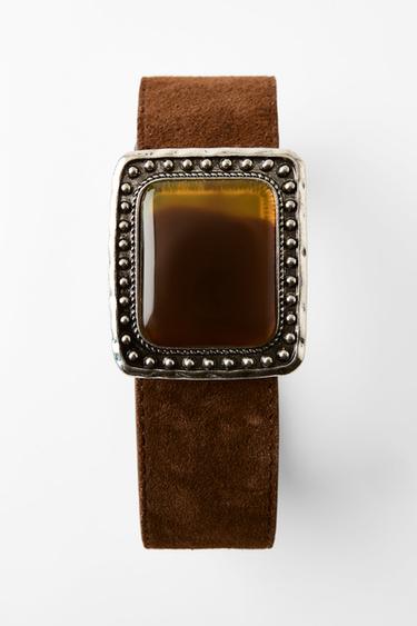 Zara 100% SUEDE LEATHER BELT WITH STONE BUCKLE - Brown